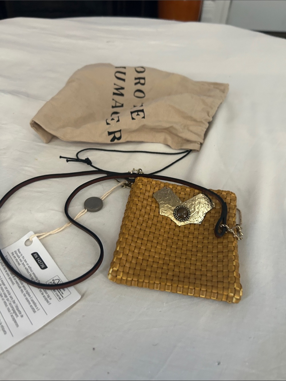 Dorothee Schumacher Woven Mini Crossbody Bag in Mustard with Gold Accent